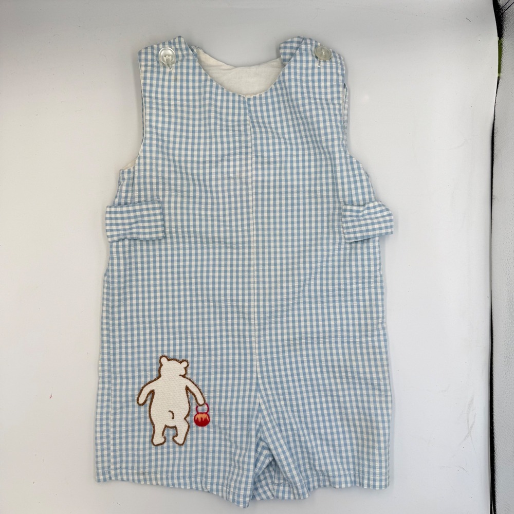 Vtg Baby Romper Blue Gingham Bear Embroidery Classic Pooh Style 6–12M Sleeveless